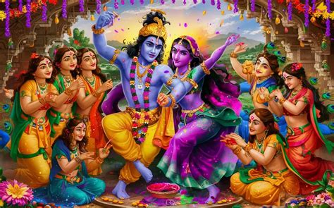  Gopis Embracing Krishna Un insieme di emozioni vibranti e un trionfo di colori terreni